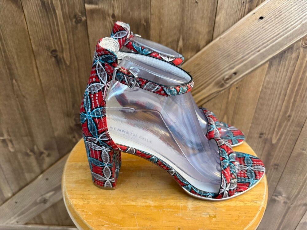 Kenneth Cole Women’s Size 9M Red Blue Floral Ankle Strap Block Heel Sandals 3.25